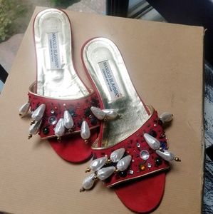 Red suede Manolo Blahnik slides